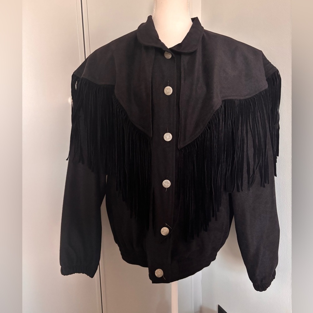 Vintage Black Fringe Western Button-Up Jacket with Embroidery Made in USA - Picture 7 of 12